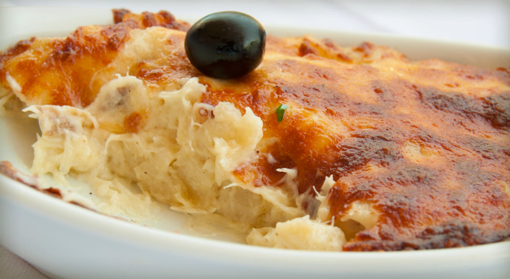Bacalhau com natas, a codfish dish in Lisbon, Portugal